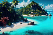  A Painting Of A Tropical Island With A Beach And Palm Trees In The Background And A Hut On The Shore. Generative AI