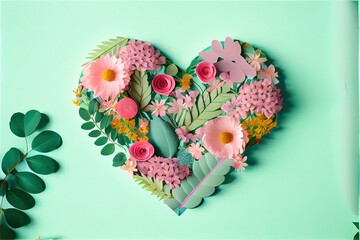  a paper heart with flowers and leaves on a green background with a plant nearby on the left side of the heart. Generative AI