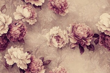  pastel, soft and mellow blooming peonies for royal bedroom decoration and for print design, curtains, duvet covers, wallpaper, paper packaging, textile. Generative AI