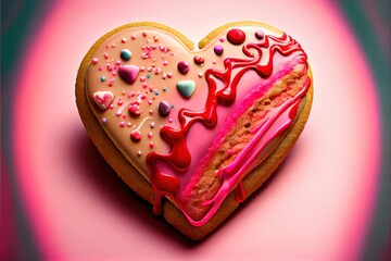  a heart shaped cookie with pink icing and sprinkles on a pink background with a pink and green background. Generative AI