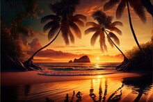  A Painting Of A Sunset With Palm Trees And A Beach With Waves Crashing In The Foreground And A Rock Outcropping In The Distance.