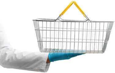 A medic's hand holds a grocery basket whether a package