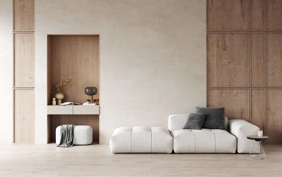 3d rendering of modern living room with white sofa, home desk in wall with decor, personal accessori