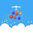 A plane on a blue sky background with Christmas toys. Illustration.