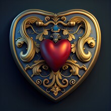  A Heart Shaped Object With A Gold Frame And A Red Heart On It's Side. Generative AI