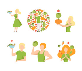 Sticker - Young Male and Female with Healthy Vegan Food Having Light and Energy Vector Set