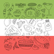 © LanaSham - Set of Mexican traditional food. Cuisine mexicaine collection. Simple linear isolated graphics. Hand drawn outline vector sketch illustration for Mexican food menu for restaurant, cafe