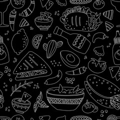 Mexican food seamless pattern for Menu design. Engraved style image in black background. Different mexican dishes. Linear graphic on chalkboard. Chalkboard style. Hand drawn vector illustration.