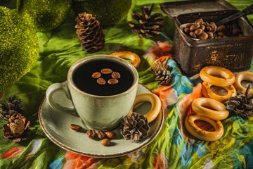 Wall Mural - Still life- a cup of hot coffee and roasted beans. Breakfast mug on a dark green background- table is decorated with sprigs of spruce.