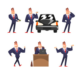 Wall Mural - Successful Businessman Character as Strong Muscular Rich Man in Suit and Tie Engaged in Different Activity Vector Set