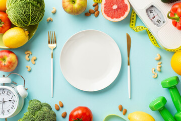 Healthy diet concept. Top view photo of plate cutlery scales vegetables fruits nuts alarm clock dumbbells and tape measure on isolated pastel blue background with copyspace