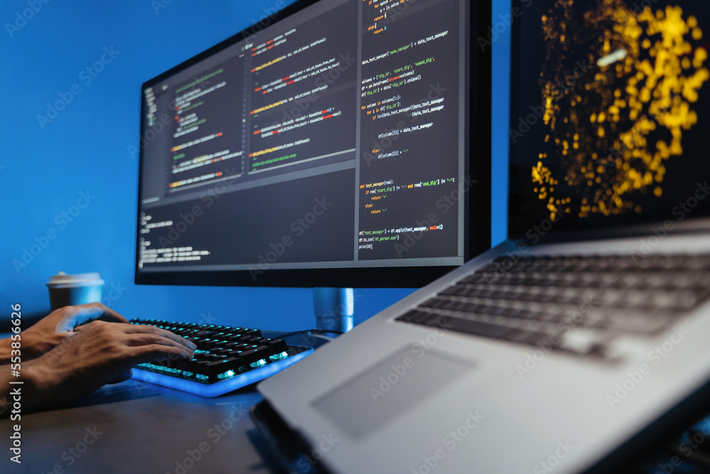 Data science concept. No face image of male hands typing on keyboard ...