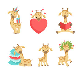 Sticker - Cute Spotted Baby Giraffe with Long Neck Engaged in Different Activity Vector Set