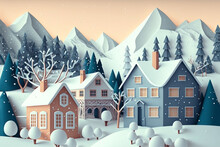 Illustration In Paper Cut Craft Style Of Beautiful Cozy House In Winter Frost Village In Valley, Countryside At Dusk Or Dawn