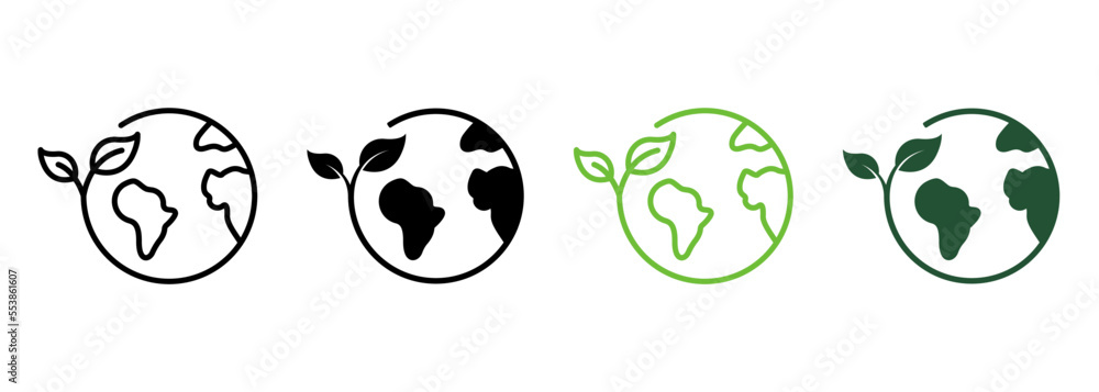 Earth Nature Care Line and Silhouette Icon Set. Ecology Planet and Leaf Pictogram. Eco Globe Green World with Plant Symbol Collection on White Background. Isolated Vector Illustration