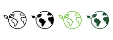 Earth Nature Care Line And Silhouette Icon Set. Ecology Planet And Leaf Pictogram. Eco Globe Green World With Plant Symbol Collection On White Background. Isolated Vector Illustration
