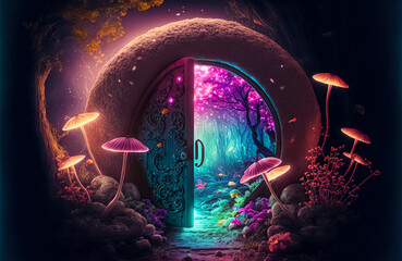 Wall Mural - Magical door. Fantasy enchanted fairy tale forest with magical opening secret door and mystical shine light outside the gate, mushrooms, and fairytale butterflies	