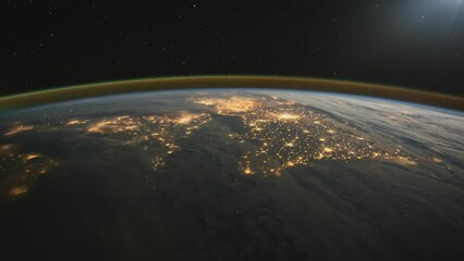 Wall Mural - nocturnal flight over great britain and northern europe.as seen from the international space station
