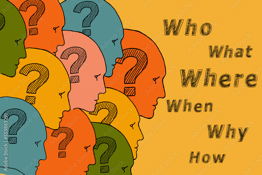 Human faces with question marks inside. Six most common questions Who ...