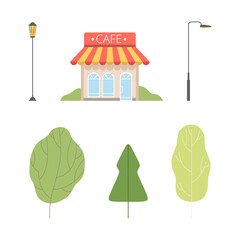 Wall Mural - Lamp Post, Cafe Building and Park Tree as City Street Element Vector Set