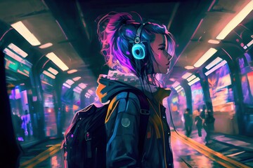 Wall Mural - anime girl with headset vibe to music , cyberpunk, steampunk, sci-fi, fantasy