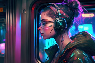 anime girl with headset vibe to music , cyberpunk, steampunk, sci-fi, fantasy