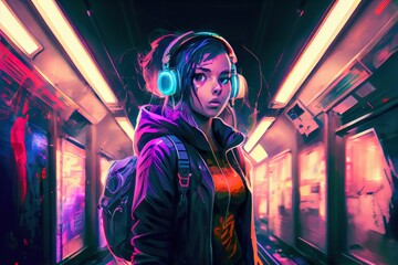 Wall Mural - anime girl with headset vibe to music , cyberpunk, steampunk, sci-fi, fantasy