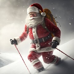 Wall Mural - Santa skiing across a mountain