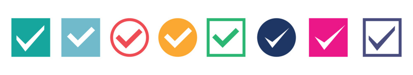 Poster - Green check mark and red cross icon set. Circle and square. Tick symbol in green color, vector illustration.