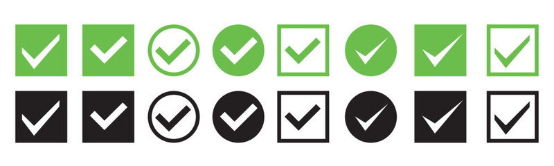 Poster - Green check mark and red cross icon set. Circle and square. Tick symbol in green color, vector illustration. 10 eps.
