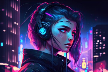 Wall Mural - anime girl with headset vibe to music , cyberpunk, steampunk, sci-fi, fantasy