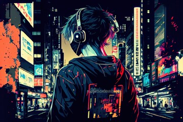 Wall Mural - anime girl with headset vibe to music , cyberpunk, steampunk, sci-fi, fantasy