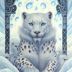 Wall Mural - snow leopard in the middle of the snow forest.