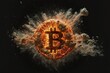 blazing explosion of Bitcoin on a dark backdrop symbolizes the pessimistic outlook of the crypto market and the deflation of the crypto-currency bubble due to inadequate regulation causing a decrease