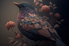 Illustrative Drawing Of A Bird With Ornaments And Flowers. Intricate Details. Generative AI.