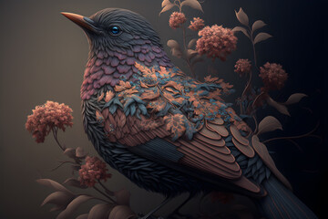 Illustrative drawing of a bird with ornaments and flowers. Intricate details. Generative AI.