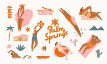 Palm Springs Graphic Set Of Characters Of People, Celebrities, Mid Century Modern Architecture Objects. Vector Illustration