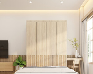 Wall Mural - Minimalist style bed room decorated with wood wardrobe. 3d rendering