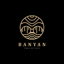 Oak Banyan Tree Vintage Logo With Line Art Style Isolated Vector Illustration