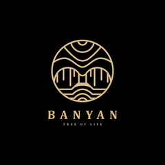 oak banyan tree vintage logo with line art style isolated vector illustration