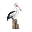 Pelican bird on a wooden bollard. Watercolor illustration. Hand drawn wildlife waterfowl avian. Australia native bird side view. Beautiful realistic pelican illustration element. White background