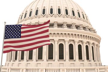 Beautiful flag of the United States of America waving with the strong wind and behind it the dome of the Capitol USA 3D RENDER, 3D RENDERING..