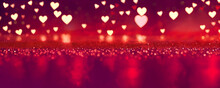 Glowing Blurred Hearts With Red Glitter. Romantic Valentine's Day Background.
