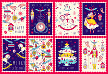 Beautiful Stamp Collection. Merry Christmas Vintage Cards With Decorations And Mystery Elegant Characters, Old Ballet Fairytail. Retro Winter Holiday Graphic Posters.