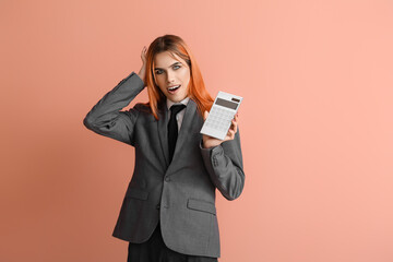 Poster - Beautiful transgender secretary with calculator on color background