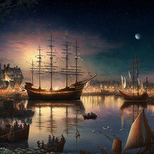 A Busy Historic Harbor Full Of Tall Ships Under A Moonlit Sky. [Digital Art. Victorian Painting Style. Sci-Fi / Fantasy / Historic / Horror Background. Graphic Novel, Postcard, Or Product Image.]