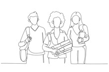 Cartoon Of Happy Group Of Students Holding Notebooks Outdoors. One Line Art Style