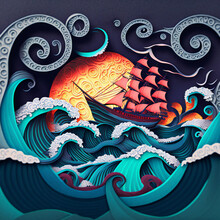 Colorful Sailing Ship Surrounded By Spiral Tentacles On Stormy Seas In Front Of The Sun. [Digital Art Painting. Cut Paper Style. Storybook / Fantasy Background. Graphic Novel, Postcard, Or Product.]