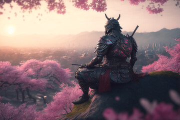 a lone samurai sitting under a whistling pink sakura art