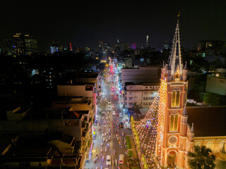 Wall Mural - Aerial view of Tan Dinh church. Before Christmas Day in Ho Chi Minh city, Vietnam. Long exposure and night view.